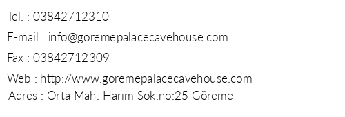 Greme Palace Cave Hotel telefon numaralar, faks, e-mail, posta adresi ve iletiim bilgileri
